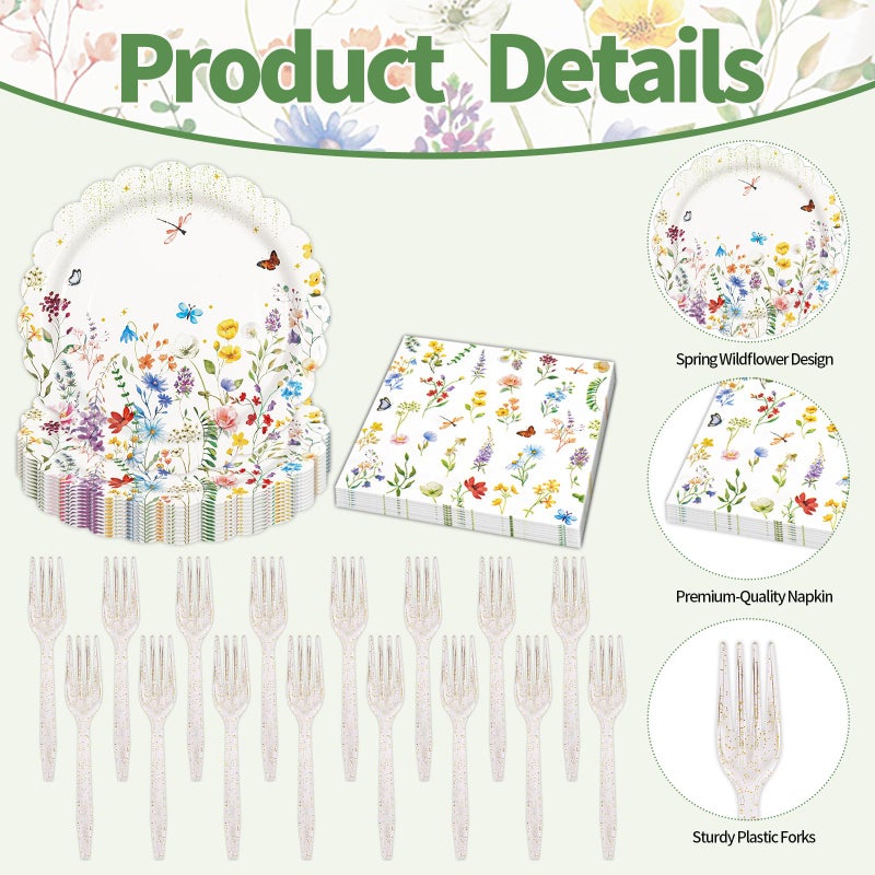 BOKFJBP 48PCS Wildflower Plates and Napkins Party Supplies, Disposable Scalloped Paper Plates Cocktail Napkins Forks Tableware Set for Birthday Wedding Baby Shower Picnic Tea Garden Party Decor 16 Guests - Image 3
