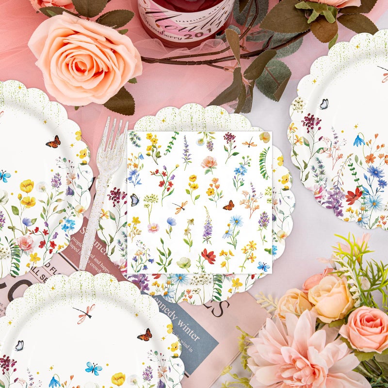 BOKFJBP 48PCS Wildflower Plates and Napkins Party Supplies, Disposable Scalloped Paper Plates Cocktail Napkins Forks Tableware Set for Birthday Wedding Baby Shower Picnic Tea Garden Party Decor 16 Guests - Image 4
