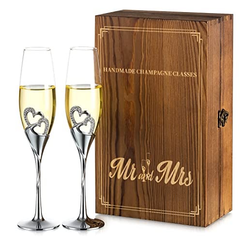 NUPTIO Champagne Flutes Glasses Wedding: Champagne Flute with Wooden Gift Box Crystal Prosecco Glass Set of 2, Silver Gift Set for Engagement Toasting Anniversary Party Bridal Showers - Image 1