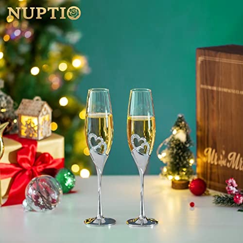 NUPTIO Champagne Flutes Glasses Wedding: Champagne Flute with Wooden Gift Box Crystal Prosecco Glass Set of 2, Silver Gift Set for Engagement Toasting Anniversary Party Bridal Showers - Image 2