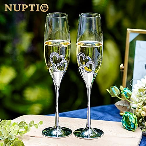 NUPTIO Champagne Flutes Glasses Wedding: Champagne Flute with Wooden Gift Box Crystal Prosecco Glass Set of 2, Silver Gift Set for Engagement Toasting Anniversary Party Bridal Showers - Image 4