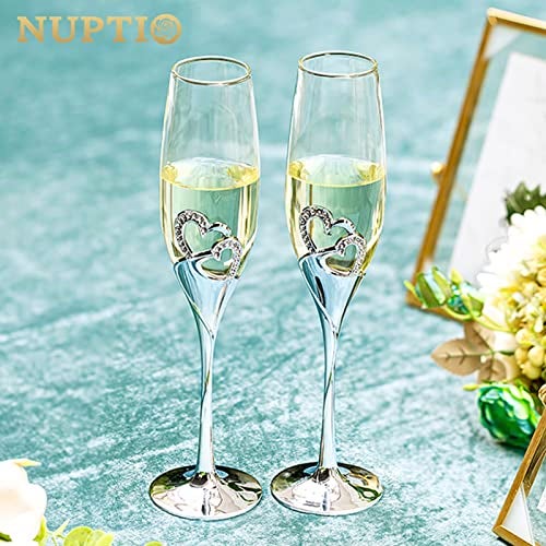 NUPTIO Champagne Flutes Glasses Wedding: Champagne Flute with Wooden Gift Box Crystal Prosecco Glass Set of 2, Silver Gift Set for Engagement Toasting Anniversary Party Bridal Showers - Image 3