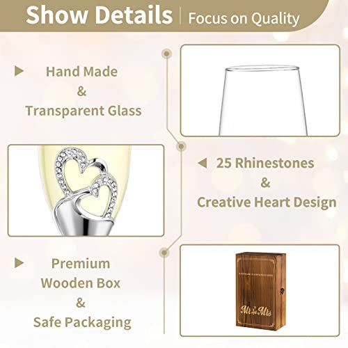 NUPTIO Champagne Flutes Glasses Wedding: Champagne Flute with Wooden Gift Box Crystal Prosecco Glass Set of 2, Silver Gift Set for Engagement Toasting Anniversary Party Bridal Showers - Image 5
