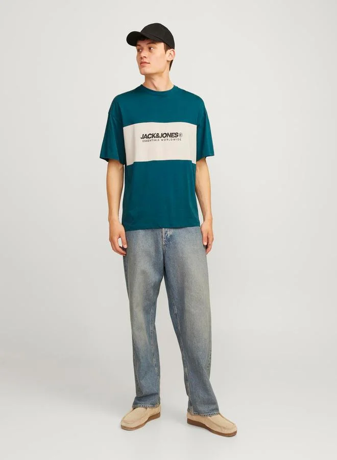 JACK & JONES Color Block Printed Crew Neck T-Shirt