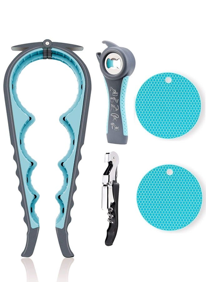 HAWAWA 5 Pack Jar Opener Bottle Opener, 5 in 1 Bottle Opener and 4 in 1 Can Opener Kit with Silicone Jar Gripper Pad and Corkscrew Wine Opener, Multi Can Openers for Seniors - Image 1