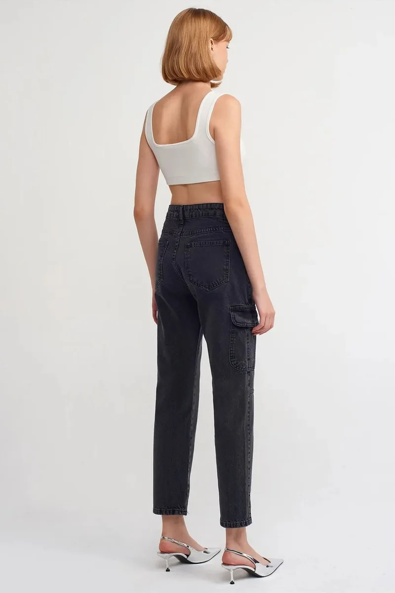 Dilvin Black DILVIN High-Waist Straight-Leg Cargo Jeans for Women | Best Price UAE