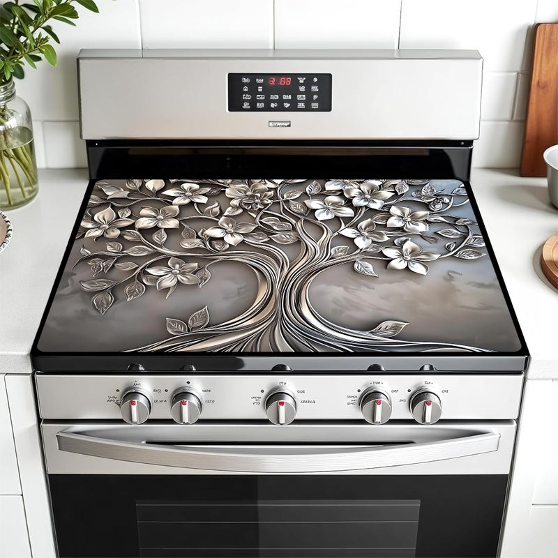 AOHMPT Multi-Design Stove Top Cover for Glass/Electric Stoves - 3-in-1 Heat-Resistant Protector Mat, Non-Slip Drying Rack 28"x20" (Silver-Tree, 28" L x 20" W) - Image 1