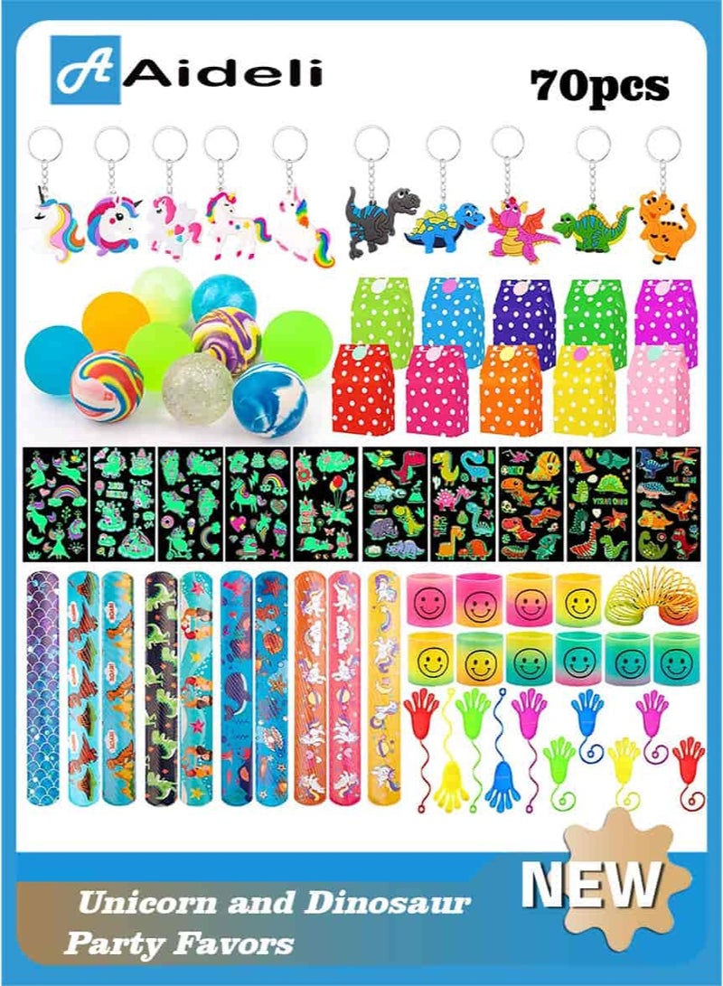 أديلي طقم هدايا حفلات الديناصورات ووحيد القرن 70 قطعة – أكياس توزيعات عيد ميلاد مع أساور وسلاسل مفاتيح وملصقات وأكياس تخزين ولوازم حفلات للأطفال للبنين والبنات - Image 1