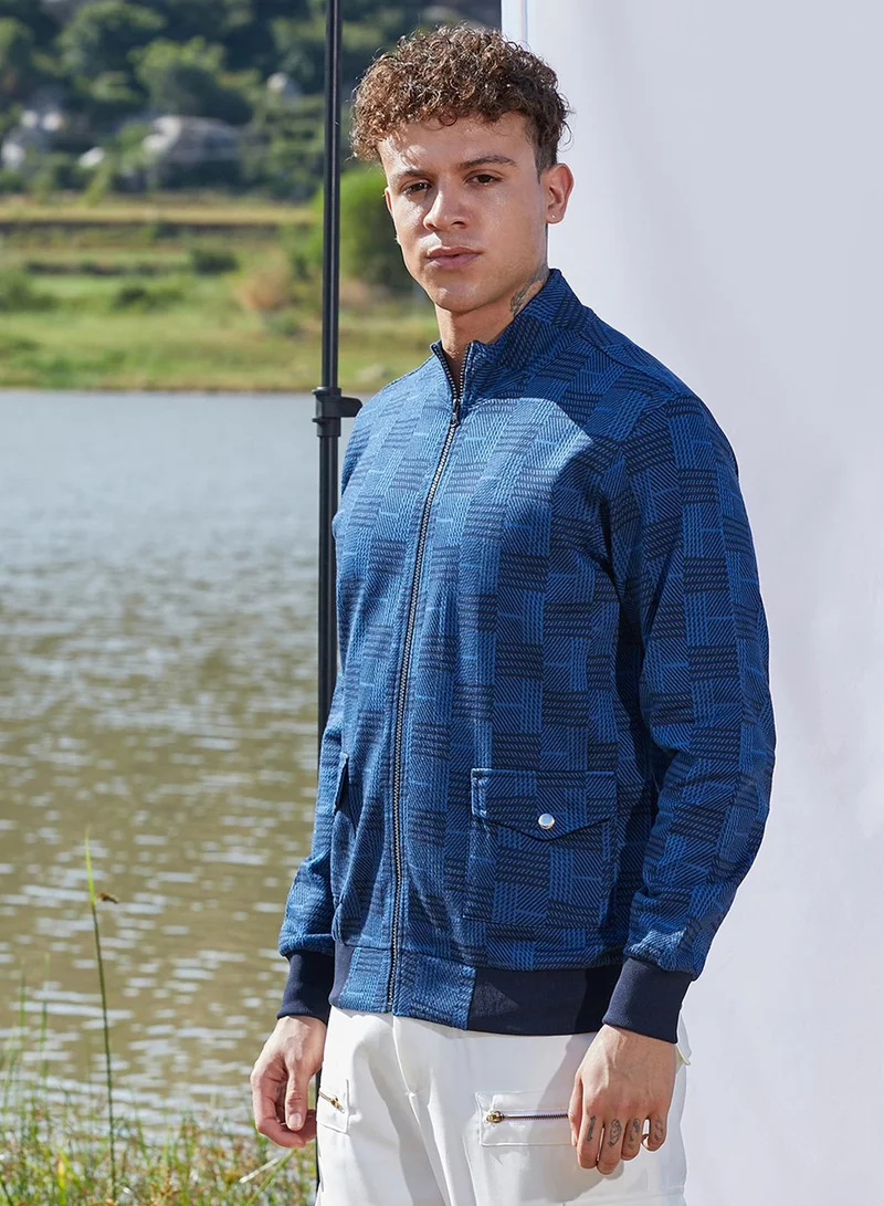 Campus Sutra Men's Blue Textured Jacket With Flap Pocket For Casual Wear | High Neck | Long Sleeve | Zipper Closure | Cotton Jacket Crafted With Comfort Fit For Everyday Wear