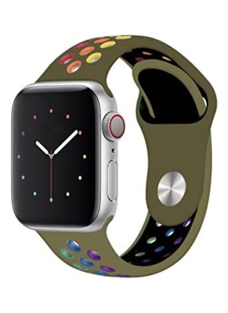 VITION - Sport Band Compatible with Apple Watch Band, Breathable Soft Silicone Replacement Wristband for iWatch Series 7/6/5/4/3/2/1/SE Nike+/Sports Edition 41mm/40mm/38mm olive/multicolor - Image 1