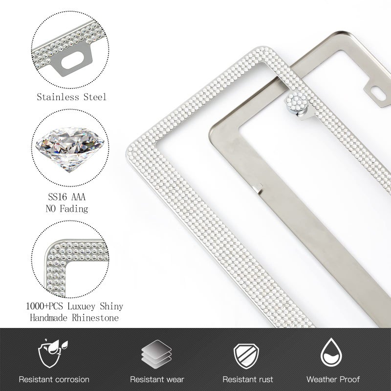 FIISFIIS Bling License Plate Frame for Women,2 Pack Premium Stainless Steel Rhinestone Car License Plate Holder,Handmade Glitter Crystal Diamond Girl Lincense Plate Cover,Bedazzled Sparkly Caps-White - Image 3