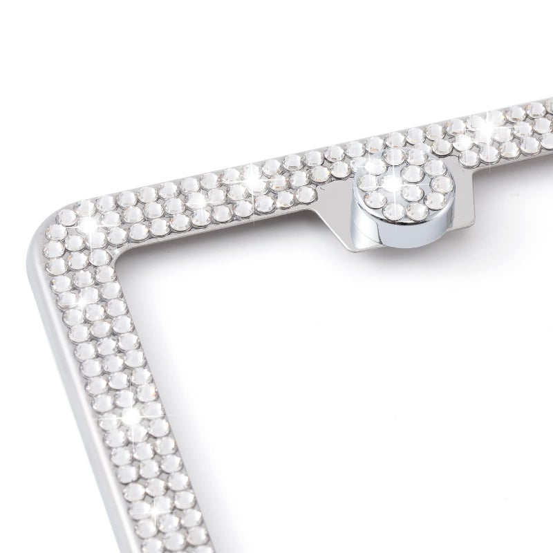 FIISFIIS Bling License Plate Frame for Women,2 Pack Premium Stainless Steel Rhinestone Car License Plate Holder,Handmade Glitter Crystal Diamond Girl Lincense Plate Cover,Bedazzled Sparkly Caps-White - Image 2