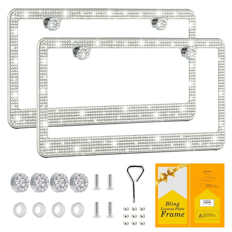 FIISFIIS Bling License Plate Frame for Women,2 Pack Premium Stainless Steel Rhinestone Car License Plate Holder,Handmade Glitter Crystal Diamond Girl Lincense Plate Cover,Bedazzled Sparkly Caps-White - Image 1