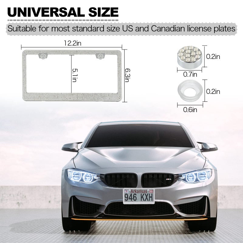 FIISFIIS Bling License Plate Frame for Women,2 Pack Premium Stainless Steel Rhinestone Car License Plate Holder,Handmade Glitter Crystal Diamond Girl Lincense Plate Cover,Bedazzled Sparkly Caps-White - Image 5