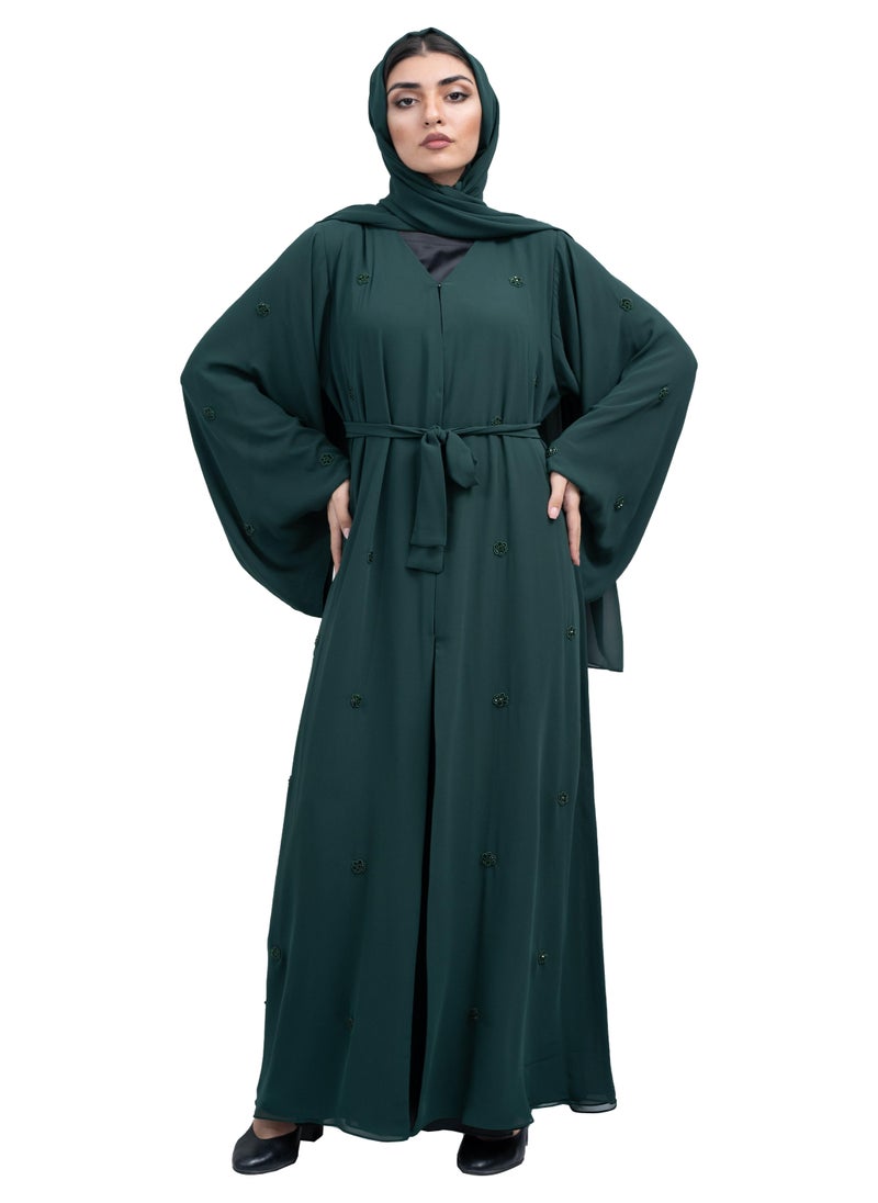 NUKHBAA Trendy Dark Green Double chiffon Abaya with Floral Beadwork Design includes Matching Hijab and Belt-632 - Image 1