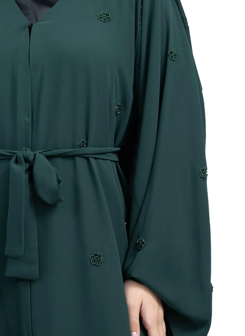 NUKHBAA Trendy Dark Green Double chiffon Abaya with Floral Beadwork Design includes Matching Hijab and Belt-632