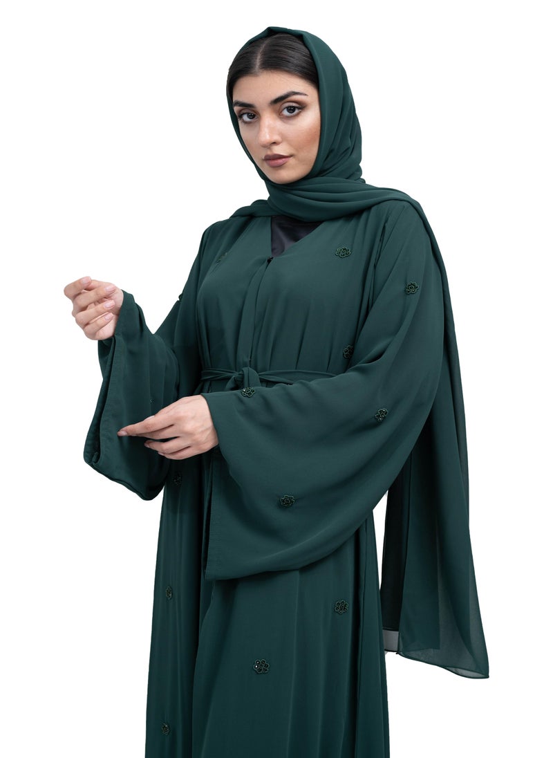 NUKHBAA Trendy Dark Green Double chiffon Abaya with Floral Beadwork Design includes Matching Hijab and Belt-632 - Image 2