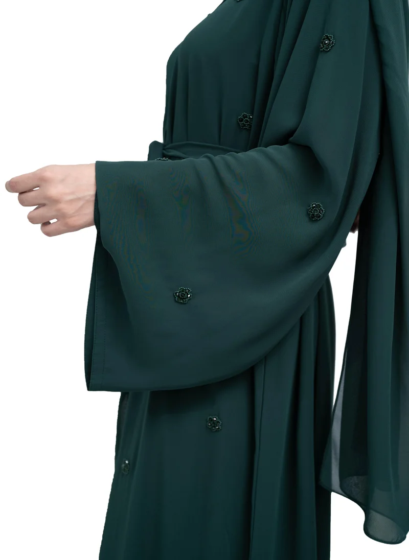 NUKHBAA Trendy Dark Green Double chiffon Abaya with Floral Beadwork Design includes Matching Hijab and Belt-632