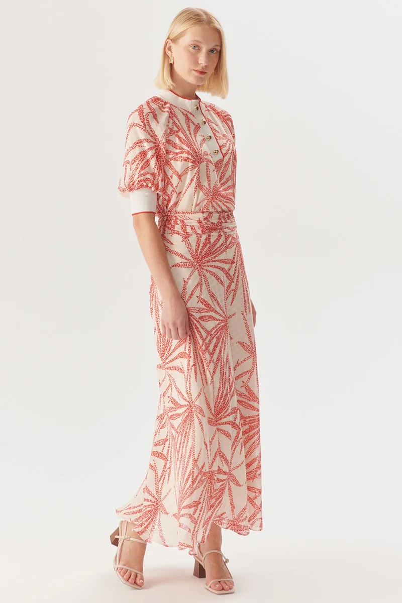 EXQUISE Regular Rayon Chiffon Midi Skirt with Gathered Waist and Leaf Pattern