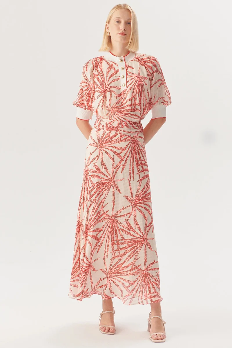 EXQUISE Regular Rayon Chiffon Midi Skirt with Gathered Waist and Leaf Pattern