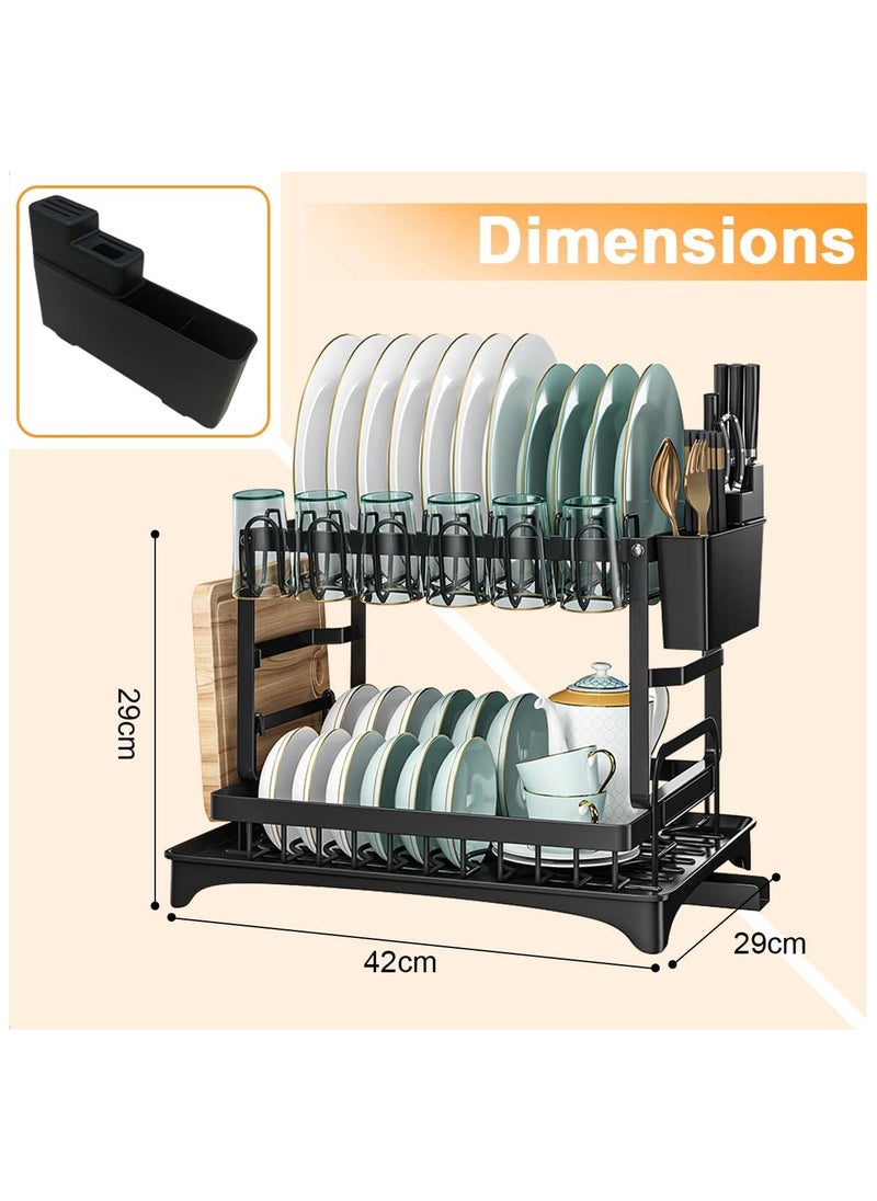 Scrolls - Dish Drying Rack 2 Tier Dish Rack drying rack kitchen Large Double Stainless Steel Dish Rack Foldable Rustproof Dish Rack Dish Drainer 42x29x29 cm - Black - Image 1
