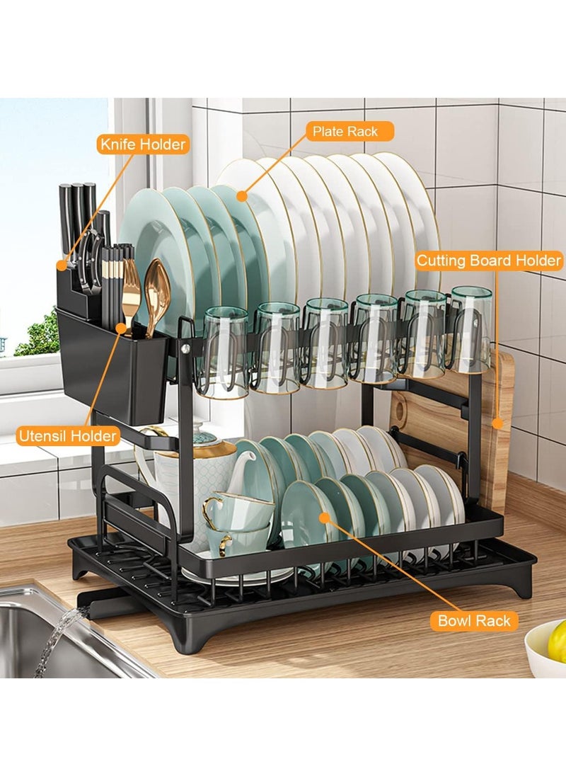 Scrolls - Dish Drying Rack 2 Tier Dish Rack drying rack kitchen Large Double Stainless Steel Dish Rack Foldable Rustproof Dish Rack Dish Drainer 42x29x29 cm - Black - Image 1