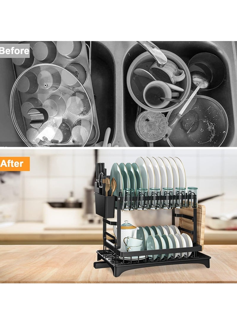 Scrolls - Dish Drying Rack 2 Tier Dish Rack drying rack kitchen Large Double Stainless Steel Dish Rack Foldable Rustproof Dish Rack Dish Drainer 42x29x29 cm - Black - Image 1