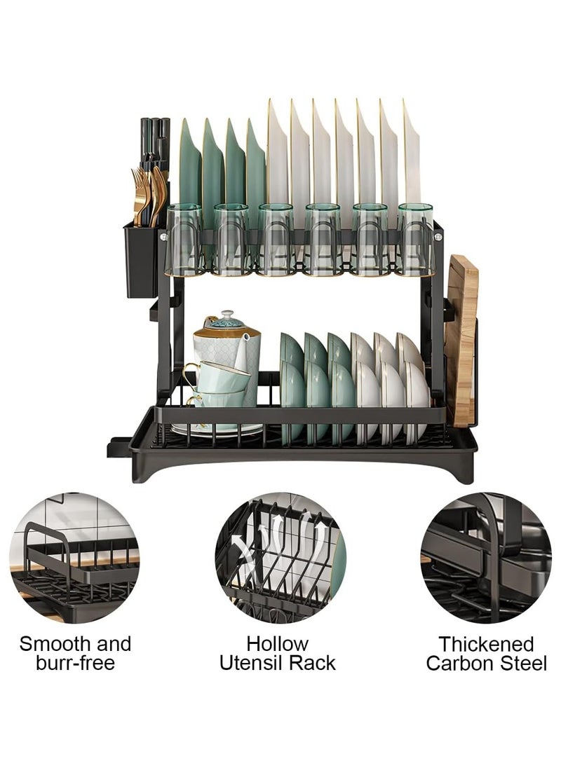 Scrolls - Dish Drying Rack 2 Tier Dish Rack drying rack kitchen Large Double Stainless Steel Dish Rack Foldable Rustproof Dish Rack Dish Drainer 42x29x29 cm - Black - Image 1