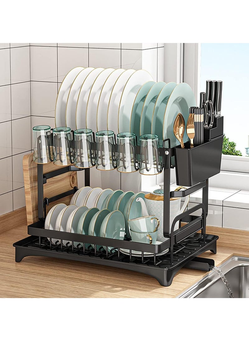 Scrolls - Dish Drying Rack 2 Tier Dish Rack drying rack kitchen Large Double Stainless Steel Dish Rack Foldable Rustproof Dish Rack Dish Drainer 42x29x29 cm - Black - Image 1