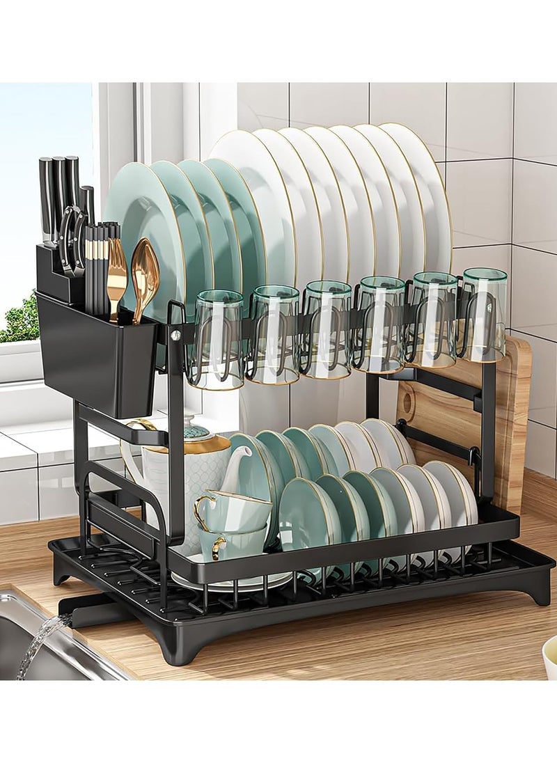 Scrolls - Dish Drying Rack 2 Tier Dish Rack drying rack kitchen Large Double Stainless Steel Dish Rack Foldable Rustproof Dish Rack Dish Drainer 42x29x29 cm - Black - Image 1