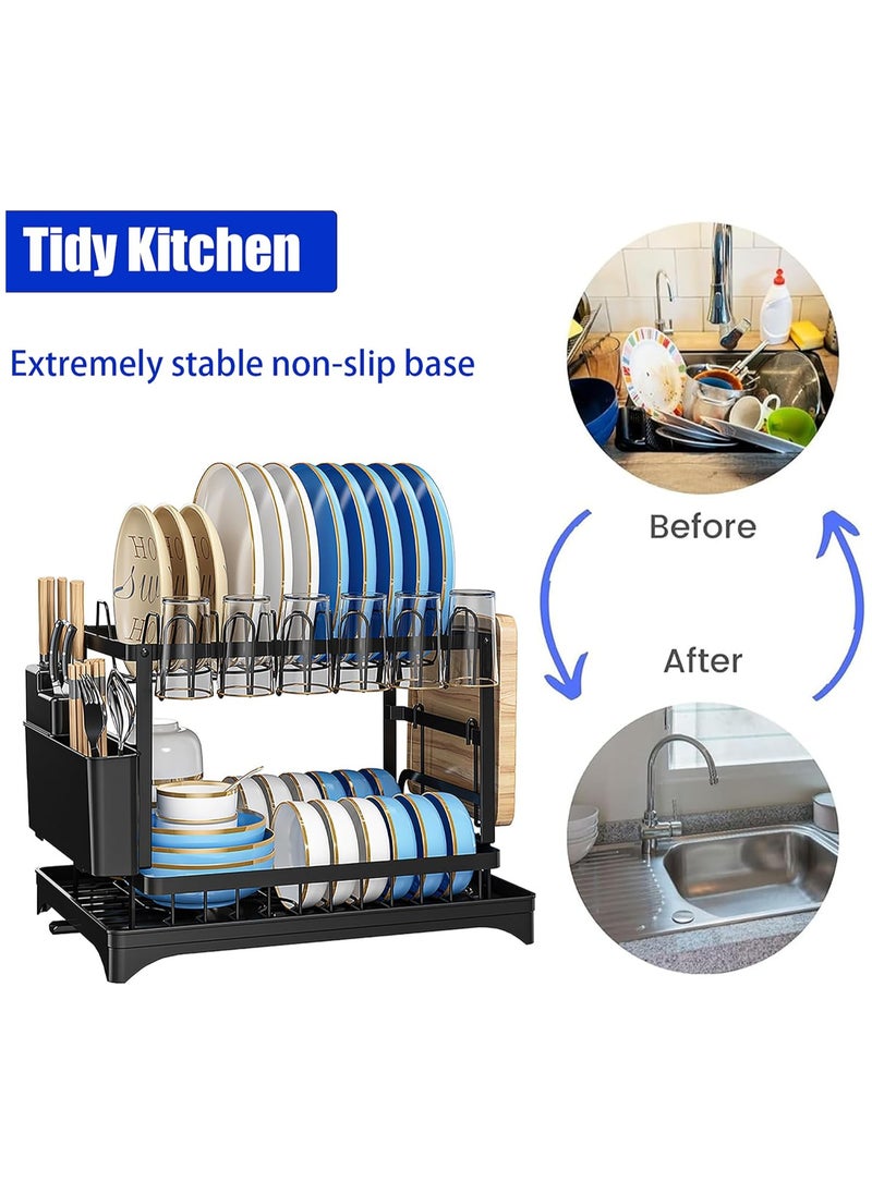 Scrolls - Dish Drying Rack 2 Tier Dish Rack drying rack kitchen Large Double Stainless Steel Dish Rack Foldable Rustproof Dish Rack Dish Drainer 42x29x29 cm - Black - Image 1