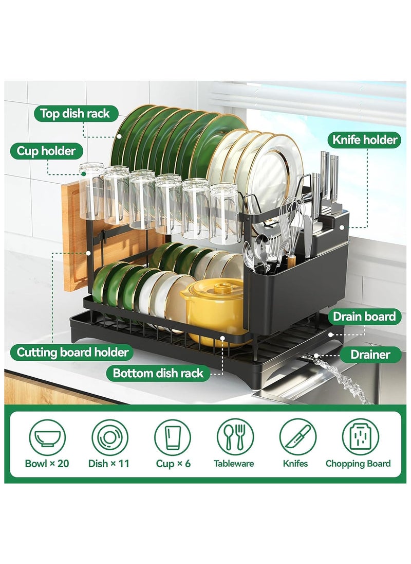Scrolls - Dish Drying Rack 2 Tier Dish Rack drying rack kitchen Large Double Stainless Steel Dish Rack Foldable Rustproof Dish Rack Dish Drainer 42x29x29 cm - Black - Image 1