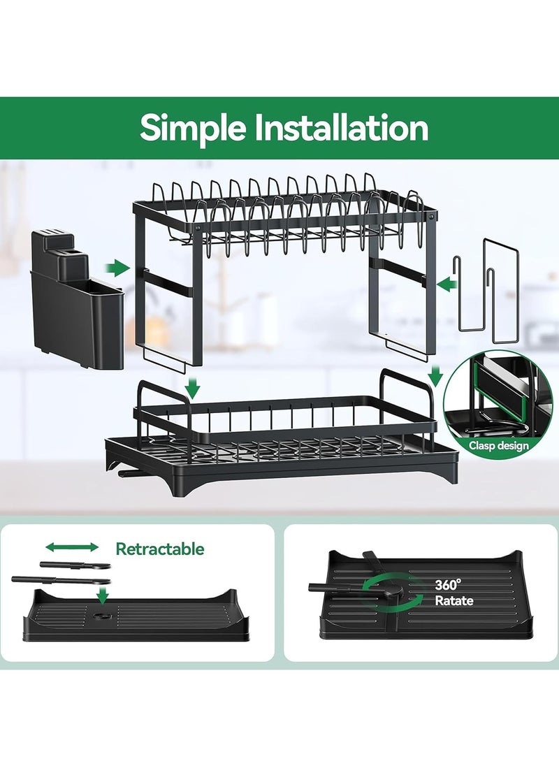 Scrolls - Dish Drying Rack 2 Tier Dish Rack drying rack kitchen Large Double Stainless Steel Dish Rack Foldable Rustproof Dish Rack Dish Drainer 42x29x29 cm - Black - Image 1