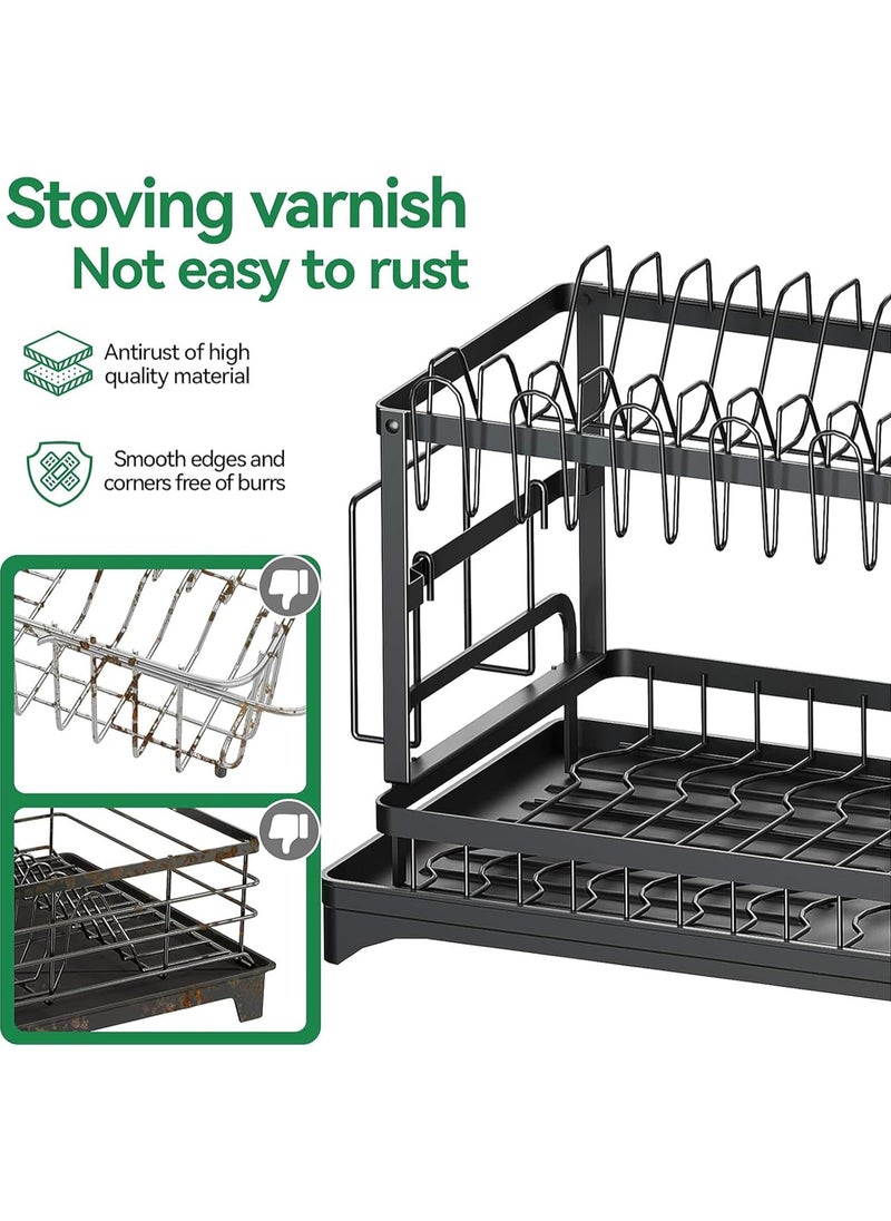 Scrolls - Dish Drying Rack 2 Tier Dish Rack drying rack kitchen Large Double Stainless Steel Dish Rack Foldable Rustproof Dish Rack Dish Drainer 42x29x29 cm - Black - Image 1