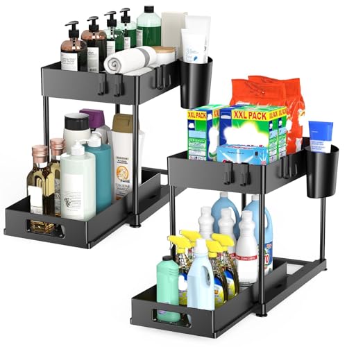 Kjfeoiye Under Sink Organizers and Storage, 2 Pack Large Capacity Heavy Load Pull-out Under Sink Shelves with Sliding Drawer for Kitchen and Bathroom, Black, 12 x 8.7 x 15.7 inch - Image 1