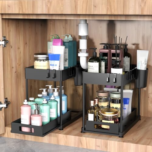 Kjfeoiye Under Sink Organizers and Storage, 2 Pack Large Capacity Heavy Load Pull-out Under Sink Shelves with Sliding Drawer for Kitchen and Bathroom, Black, 12 x 8.7 x 15.7 inch - Image 2