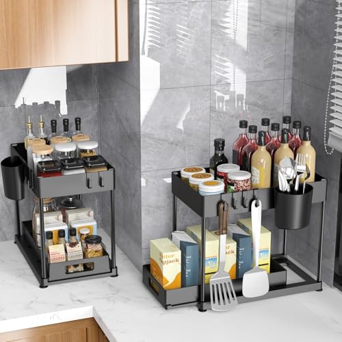 Kjfeoiye Under Sink Organizers and Storage, 2 Pack Large Capacity Heavy Load Pull-out Under Sink Shelves with Sliding Drawer for Kitchen and Bathroom, Black, 12 x 8.7 x 15.7 inch - Image 5