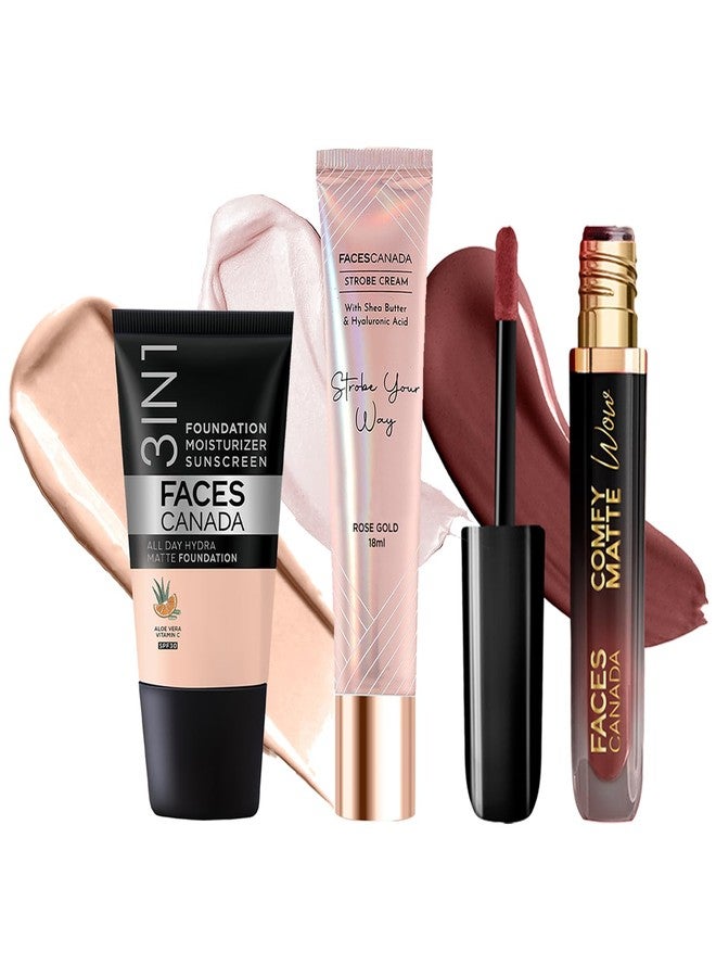 فاسيسكانادا مجموعة فيسز كندا سيليب جلو | كريم ستروب - ذهبي وردي، 18 مل + كريم أساس هيدرا مات - وردي عاجي، 18 مل + كومفي مات واو - كاكاو كراش، 3.8 مل | هايلايتر | غني بالأصباغ | عبوة من 3 قطع - Image 1