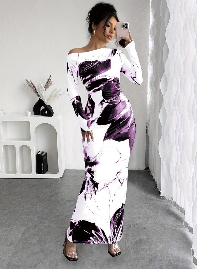 تايك تو فستان ماكسي ضيق بكتف واحد وطبعات زهور من تيك تو - Image 3