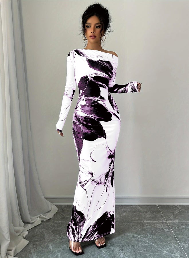 تايك تو فستان ماكسي ضيق بكتف واحد وطبعات زهور من تيك تو - Image 1