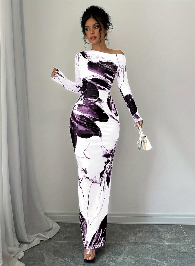 تايك تو فستان ماكسي ضيق بكتف واحد وطبعات زهور من تيك تو - Image 2