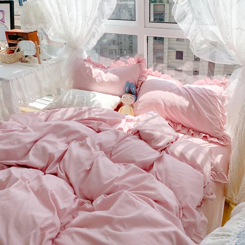 Nayoroom Pink Ruffle Duvet Cover Queen Size Coquette Ruffle Bedding Set 3Pcs Vintage Farmhouse Shabby Chic Ruffled Fringe Comforter Cover with Zipper Closure Soft Washed Microfiber - Image 1