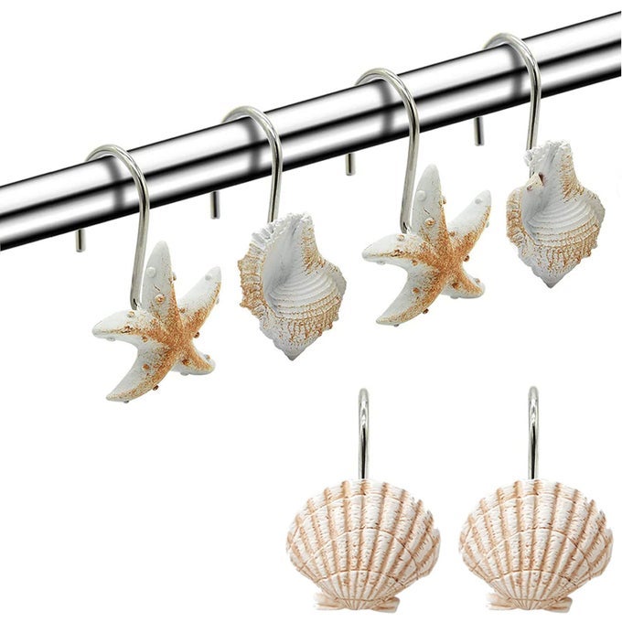 SEASHELL SHOWER CURTAIN HOOKS FOR BATHROOM DECORATIVE 12PCS ANTI RUST DECORATIVE RESIN SHOWER CURTAIN RINGS RODS HOOKS