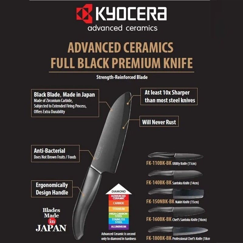 Kyocera Advanced Ceramic Revolution Series 6-inch, Chef's Santoku Knife, Black Blade