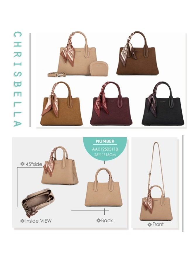 CHRISBELLA Textured Leather Handbag with Strap and mini Wallet. Colour: Camel Brown. dimensions: 26x11x18 cm - Image 3