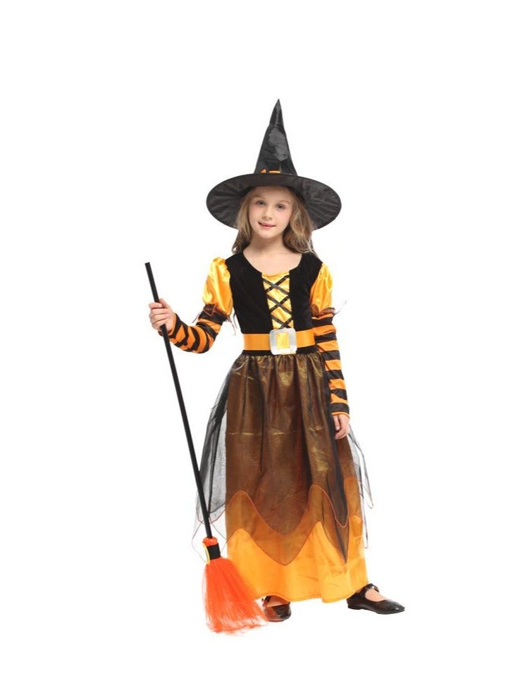 Golden Witch Costume Girls Witch Dress Princess Skirt with Hat Role Playing Set Suitable for Party, Carnival, Masquerade, Size M Suitable for Height 110-120cm (Yellow) - Image 1