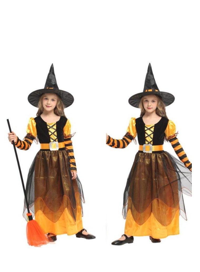 Golden Witch Costume Girls Witch Dress Princess Skirt with Hat Role Playing Set Suitable for Party, Carnival, Masquerade, Size M Suitable for Height 110-120cm (Yellow) - Image 4