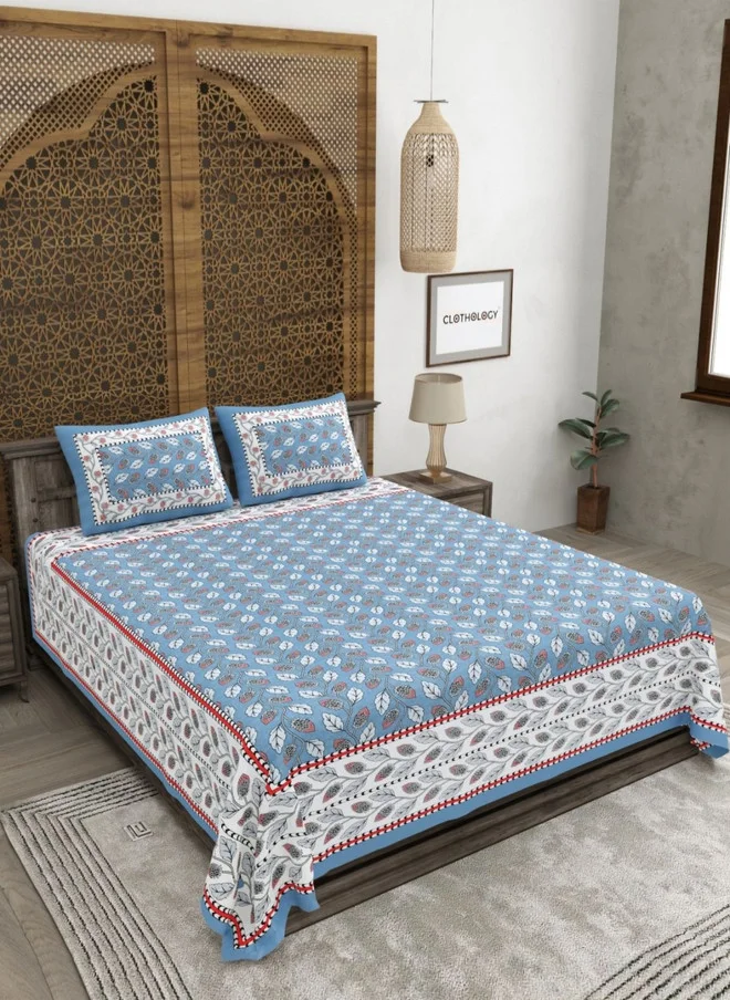 CLOTHOLOGY CLOTHOLOGY Blue & White Printed Pure Cotton 180 TC King Bedsheet Set