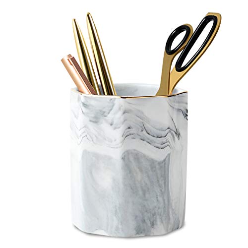 WAVEYU Pen Holder, Pencil Holder, Marble Desk Organizer Cute, Durable Ceramic Pencil Cup, Decorative Makeup Brush Holder Cup, Stationery Holder for Office, School, Home, Gray Marble - Image 1