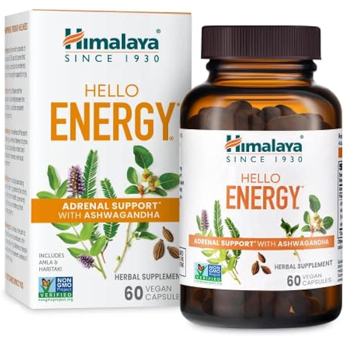 Himalaya Hello Energy Herbal Supplement with Ashwagandha, Amla, Haritaki, Daily Energy Support, Positivity, Metabolism, Caffeine Free, Gluten Free, Non-GMO, Vegan, 60 Capsules, 30 Day Supply - Image 1